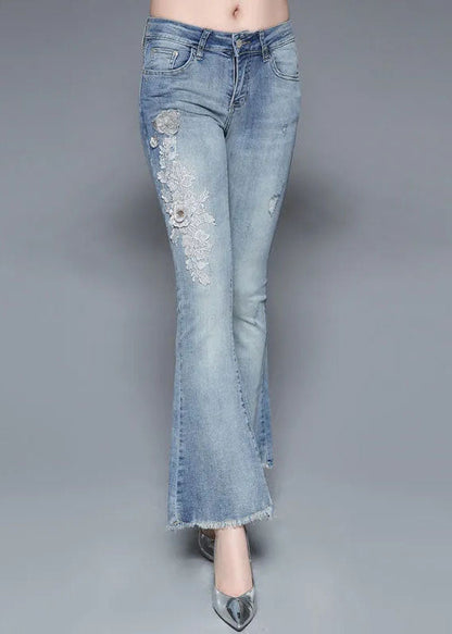 Light Blue High Waist Nail Bead Applique Cotton Denim Flare Pants Summer