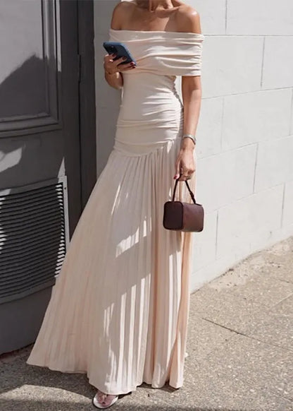 Apricot Slash Neck Wrinkled Long Dress Summer