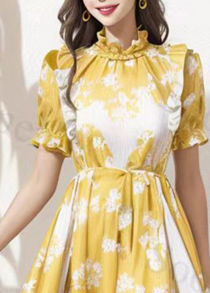 Yellow Stand Collar Tie Waist Silk Maxi Dresses Short Sleeve