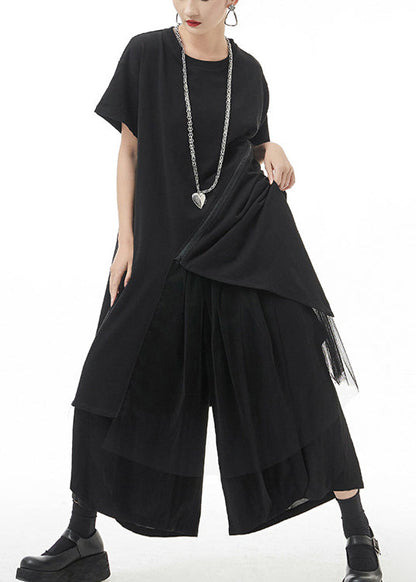 Black O-neck Asymmetrical Maxi Dress Short Sleeve