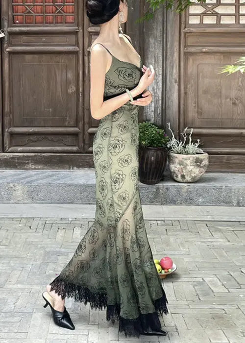 Slim Fit Blackish Green V Neck Lace Patchwork Spaghetti Strap Dress Sleeveless