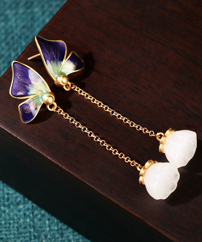 Purple Ancient Gold Enamel Jade Butterfly Drop Earrings