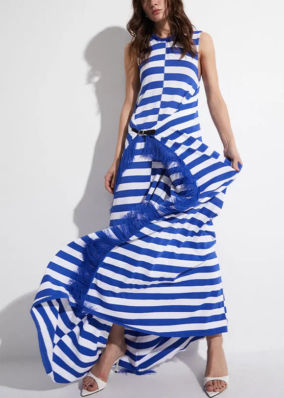 Original Blue Striped Tasseled Knit Robe Dresses Sleeveless