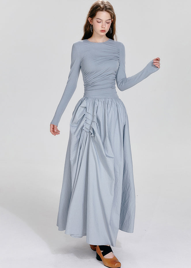 French Black O-neck Asymmetrical Wrinkled Maxi Dresses Spring