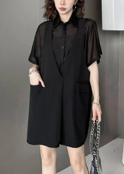 Black Pockets Patchwork Falsetwo Pieces Cotton Mid Dress Summer