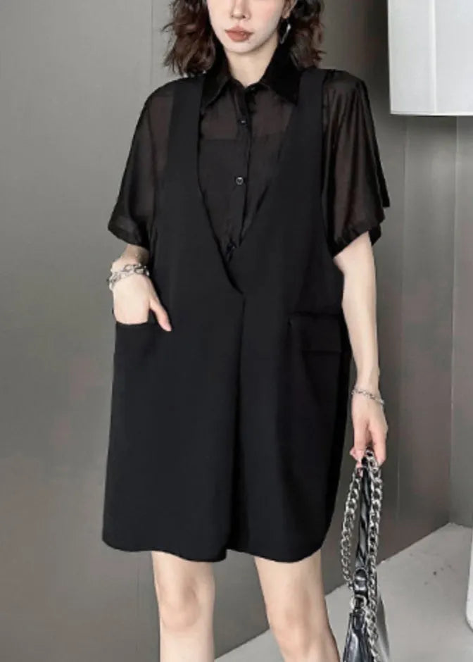 Black Pockets Patchwork Falsetwo Pieces Cotton Mid Dress Summer