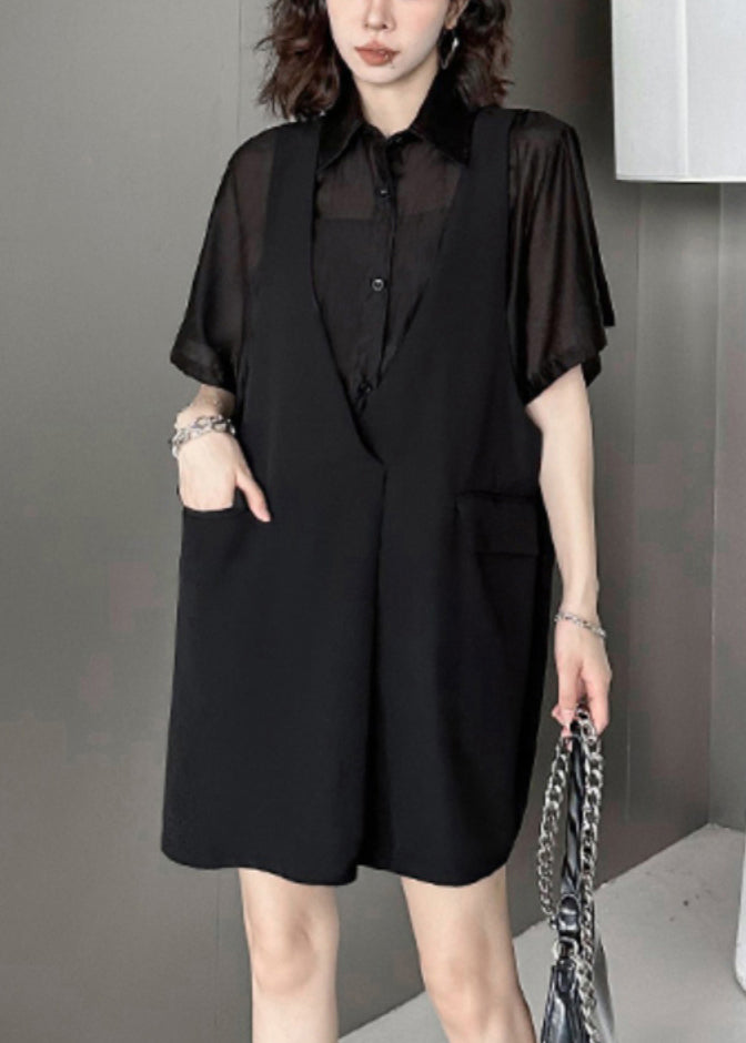 Black Pockets Patchwork Falsetwo Pieces Cotton Mid Dress Summer