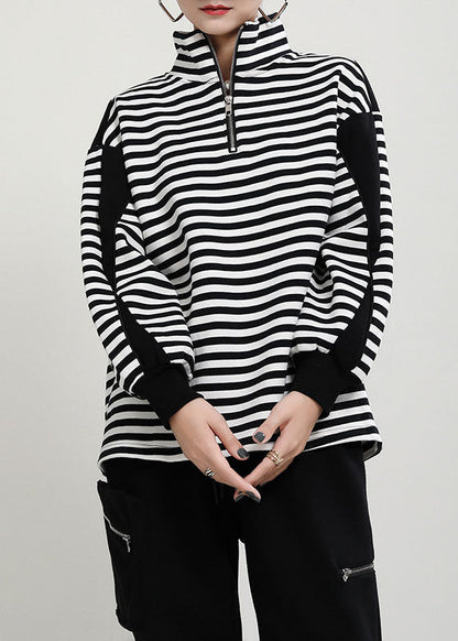 Unique Black White Striped Loose Zippered Patchwork Fall Long Sleeve Top