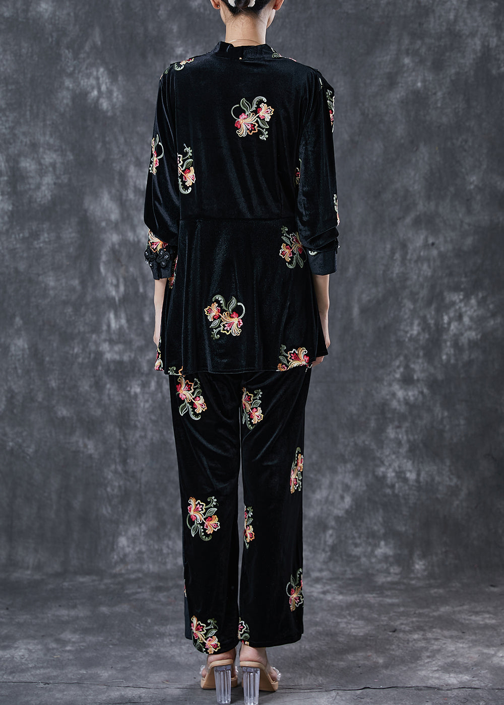 Black Embroideried Chinese Button Silk Velour 2 Piece Outfit Spring