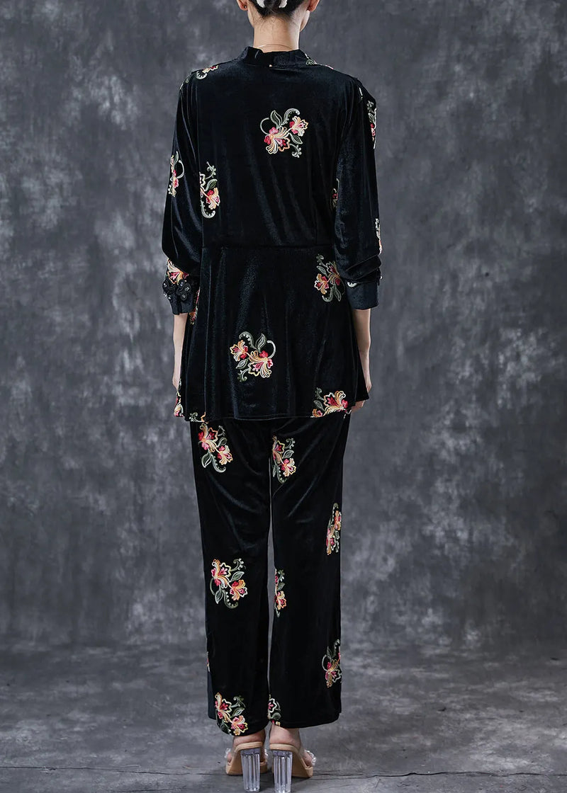 Black Embroideried Chinese Button Silk Velour 2 Piece Outfit Spring