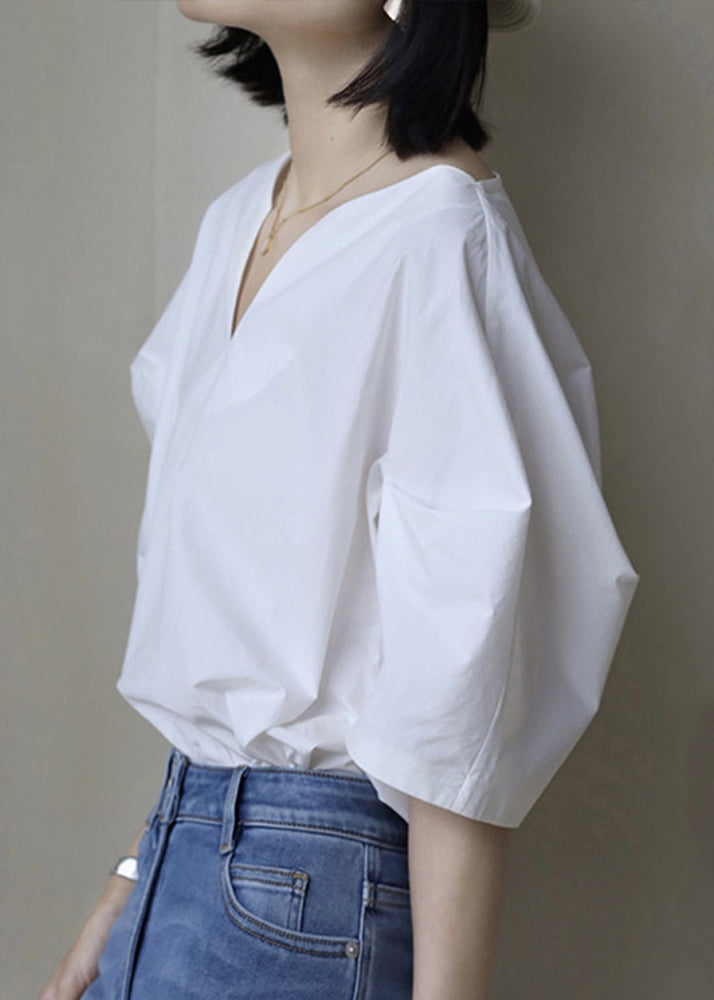 Simple White V Neck Cotton Shirt Half Sleeve