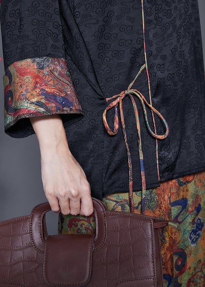 Black Print Patchwork Lace Up Silk Two Pieces Set Fall