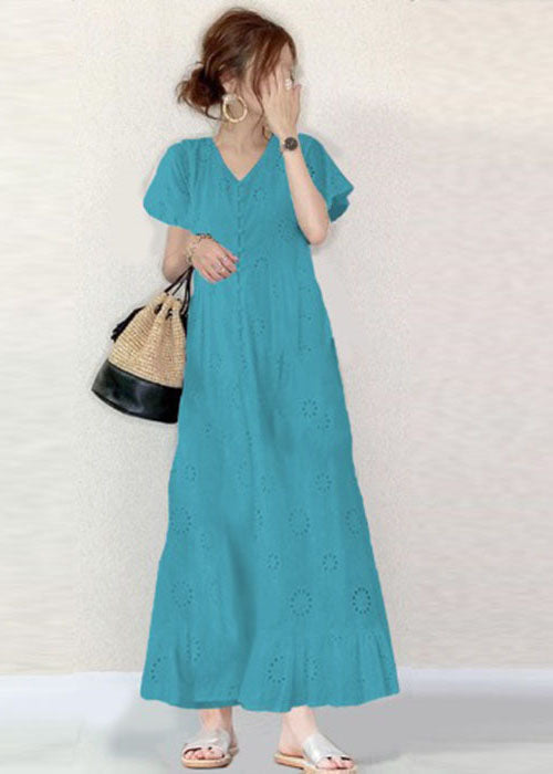 French Sky Blue V Neck Hollow Out Embroideried Cotton a Line Dress Summer