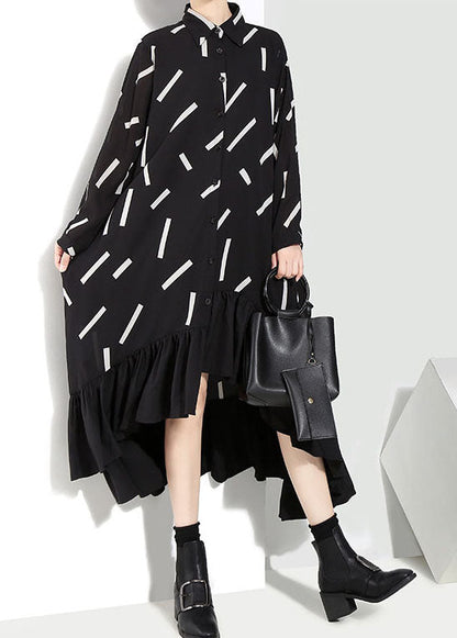 Organic Black Low High Design Peter Pan Collar Ruffles Print Shirt Dresses Spring