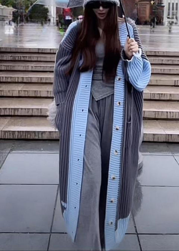 Grey Blue V Neck Pockets Button Knit Loose Cardigan Fall