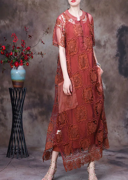 Purple O-neck Big Pockets Hollow Out Lace Dress and Spaghetti Strap Dress Two Piece Set Short Sleeve