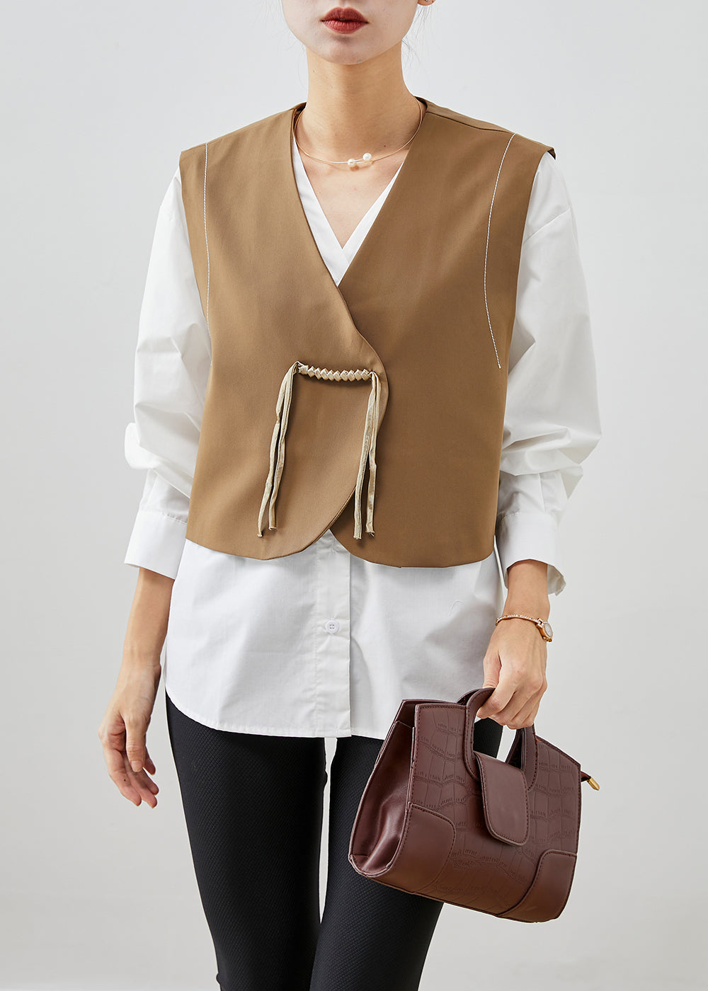 Boutique Khaki Tasseled Chinese Button Cotton Two Pieces Set Fall
