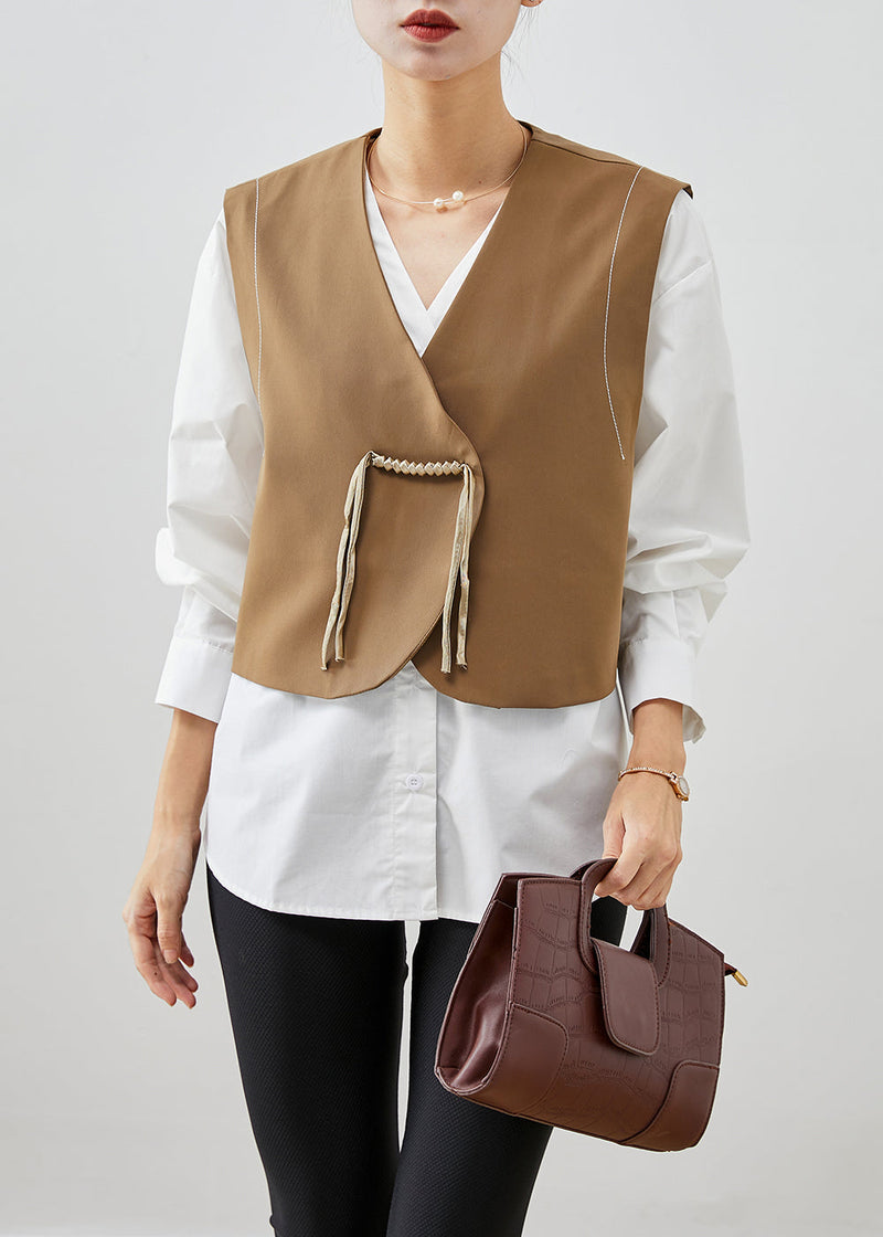 Boutique Khaki Tasseled Chinese Button Cotton Two Pieces Set Fall