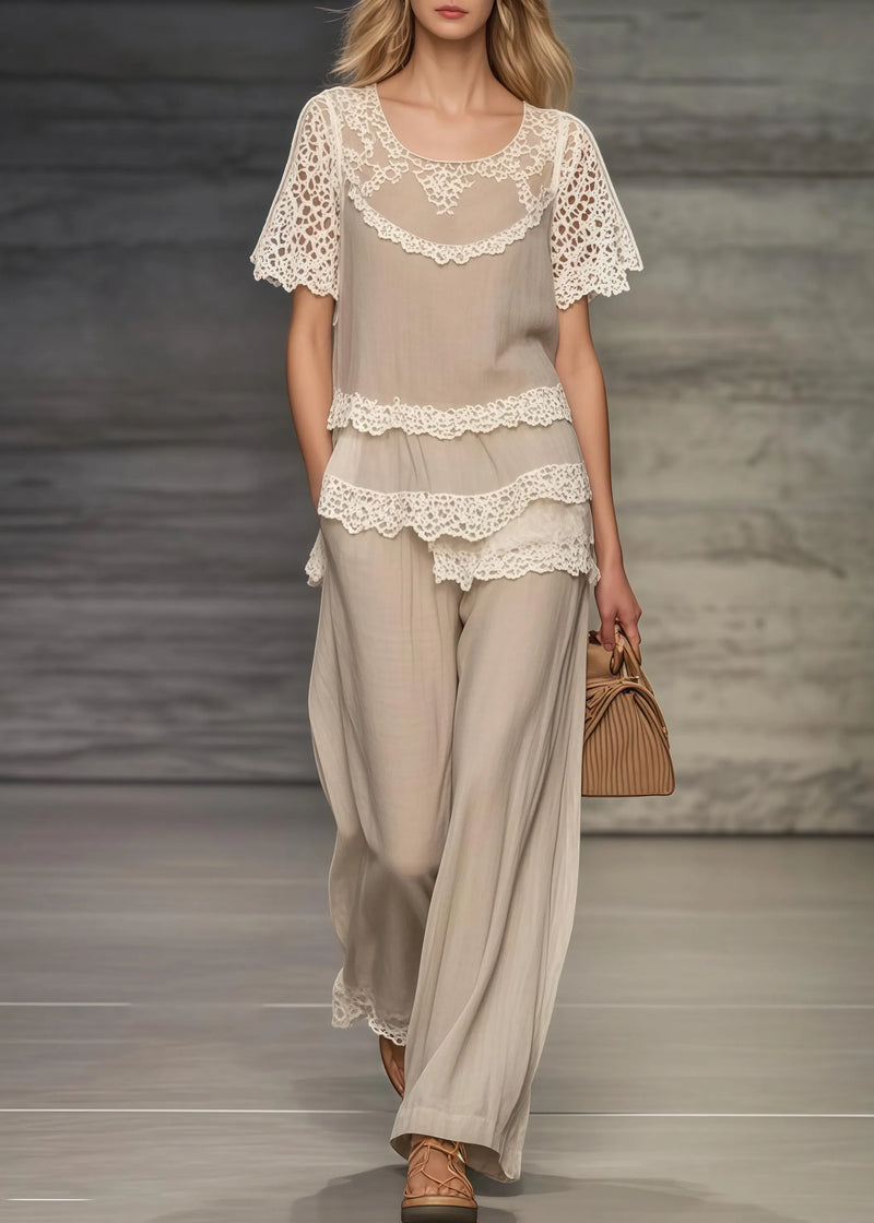 Khaki Asymmetrical Patchwork Lace Two Pieces Set Summer