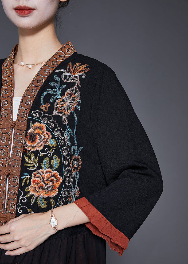 Black Embroideried Patchwork Ruffles Blouses Fall