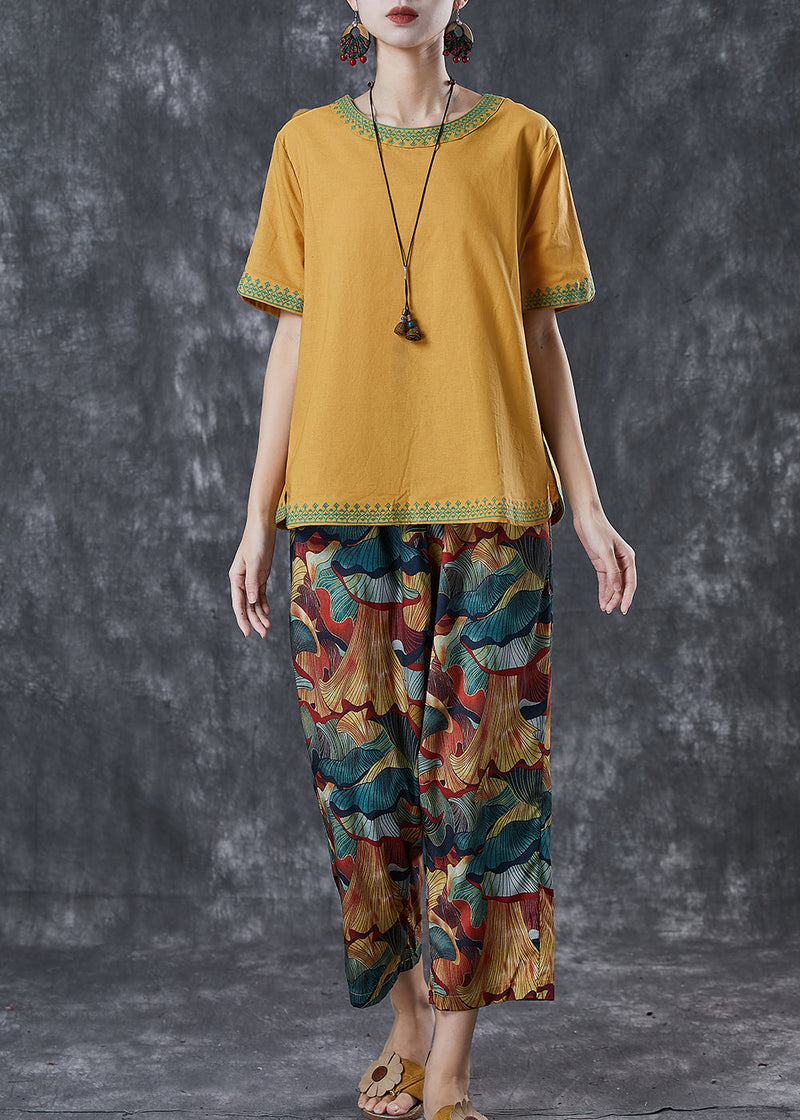 Yellow Oversized Print Linen Two Pieces Set Summer