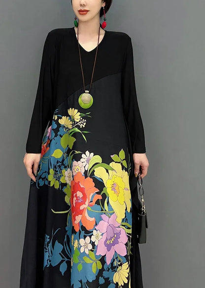 Black V Neck Patchwork Print a Line Dress Spring