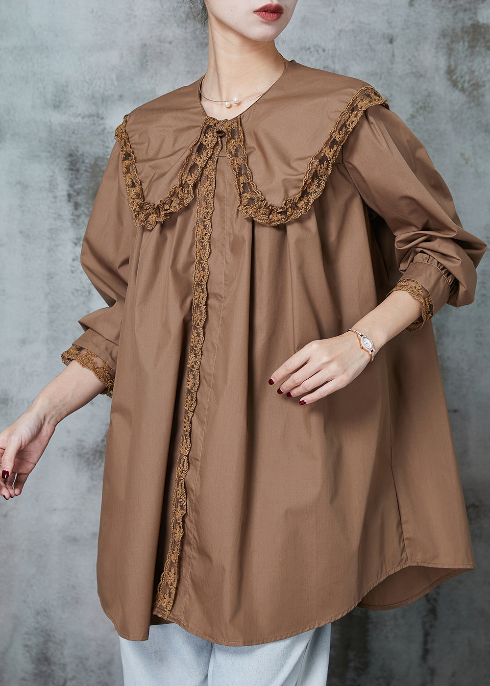 Coffee Peter Pan Collar Patchwork Lace Cotton Shirts Spring