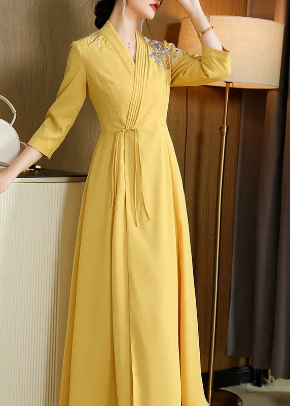 Yellow V Neck Embroideried Drawstring Satin Long Dresses Fall