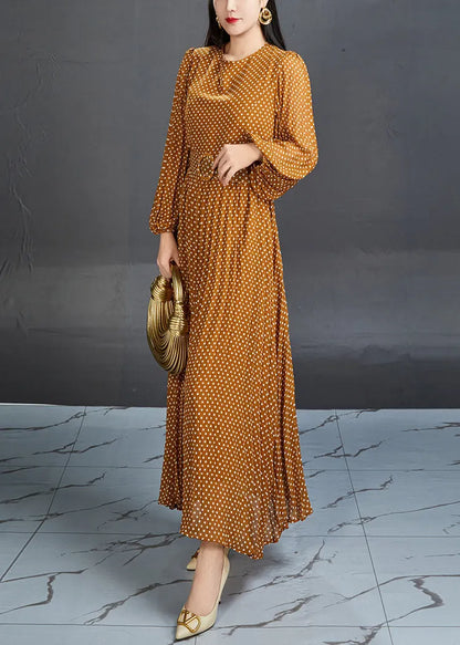 Orange Dot High Waist Chiffon Long Dress Fall