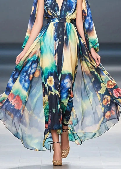 Navy Cold Shoulder Print Chiffon Holiday Dress Summer