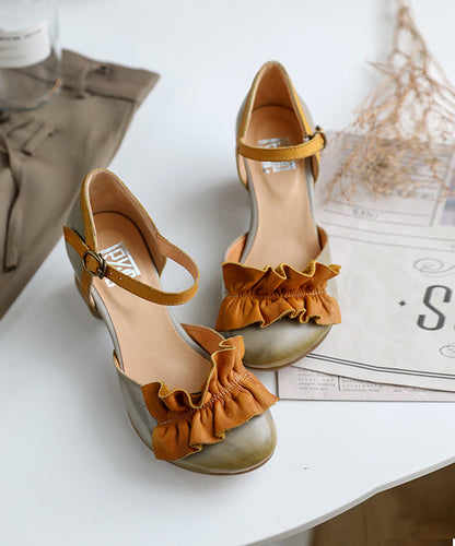 Buckle Strap Chunky High Heels Grey Ruffles Cowhide Leather Chunky Heel