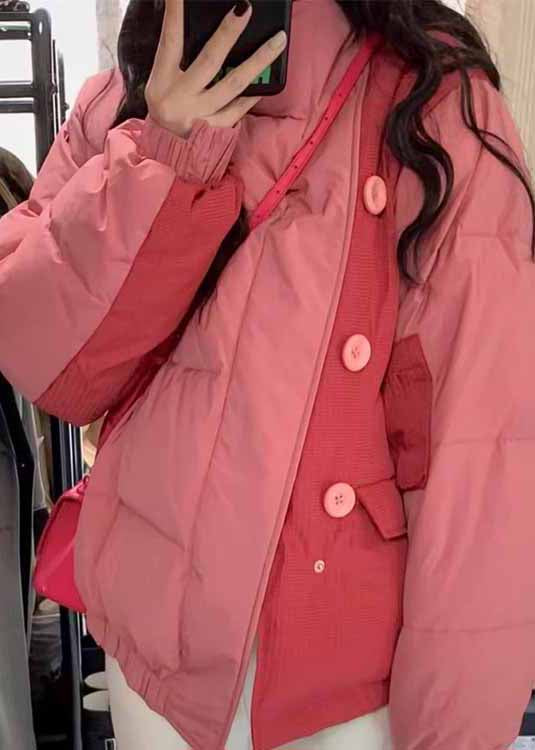 Pink Stand Collar Pockets Fine Cotton Filled Jacket Winter