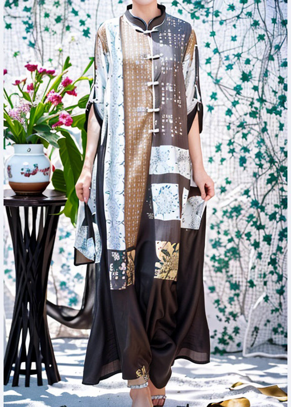 French Brown Button Print Silk Long Dresses Half Sleeve