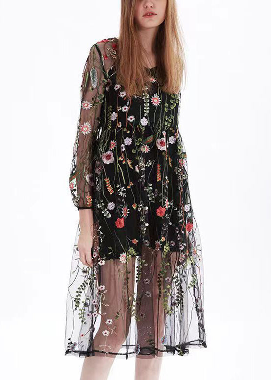 Black O-neck Embroidered Tulle Two Pieces Set Long Sleeve