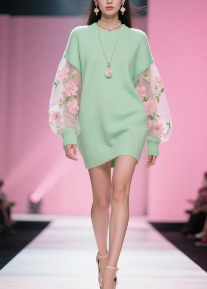 Classy Green O Neck Tulle Patchwork Knitwear Dress Fall