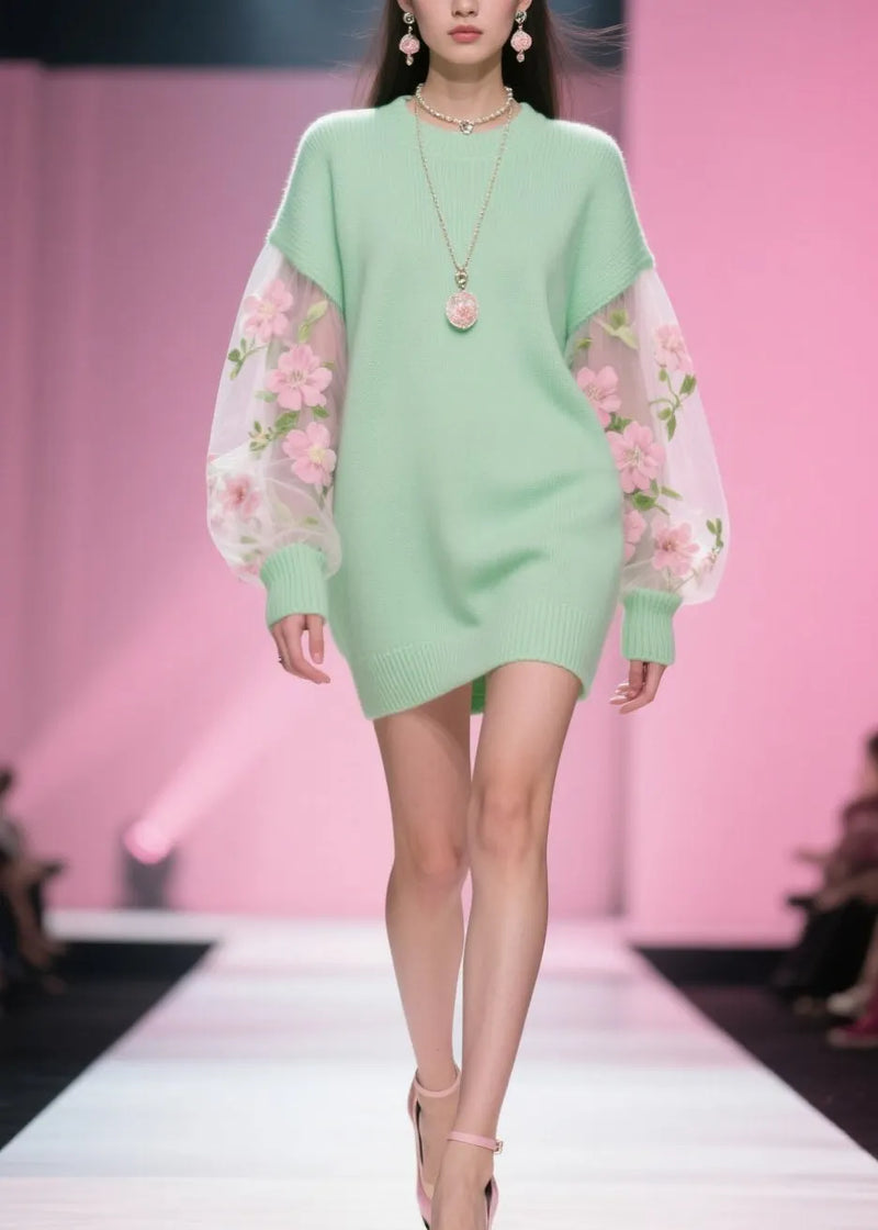 Classy Green O Neck Tulle Patchwork Knitwear Dress Fall