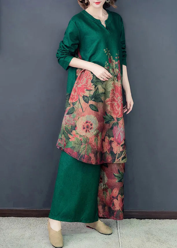 Green Silk Dress and Wide Leg Pants Two Pieces Set Low High Design Spring