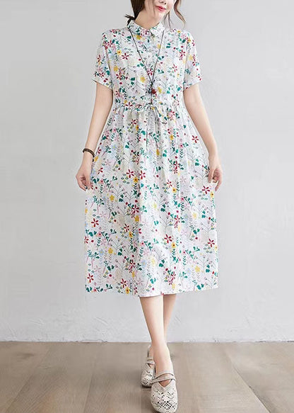Half Sleeve O-neck Pleated Print Maxi Dress