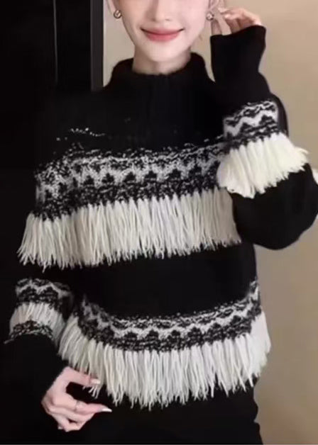 Black Tasseled Striped Knit Pullover Winter
