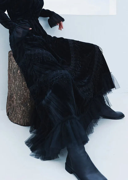 Black Patchwork Tulle Tasseled Velour Skirts Spring