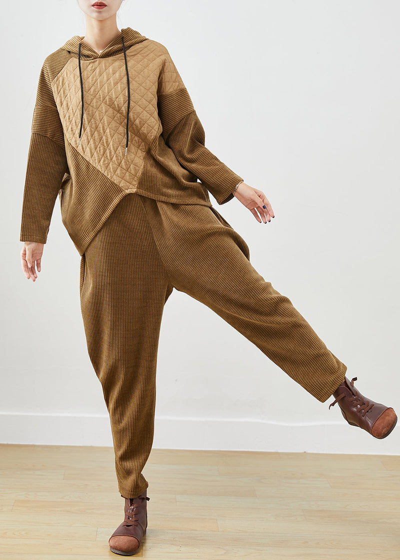 Khaki Hooded Patchwork Corduroy Two Pieces Set Batwing Sleeve
