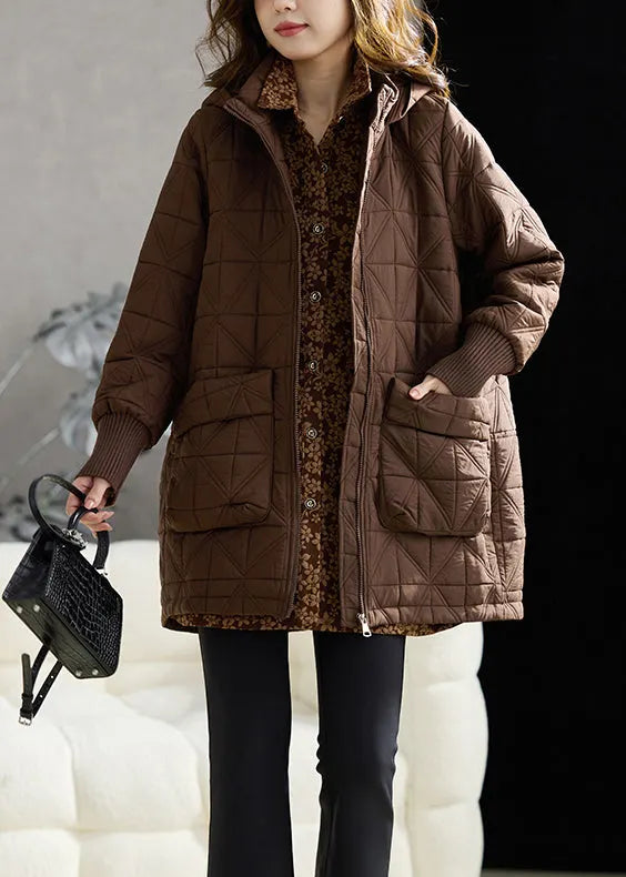 Boutique Coffee Zip Up Pockets Fine Cotton Filled Hooded Coats Winter