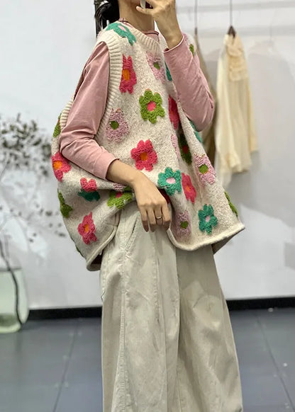 New Apricot O Neck Jacquard Cotton Knit Vest Sleeveless