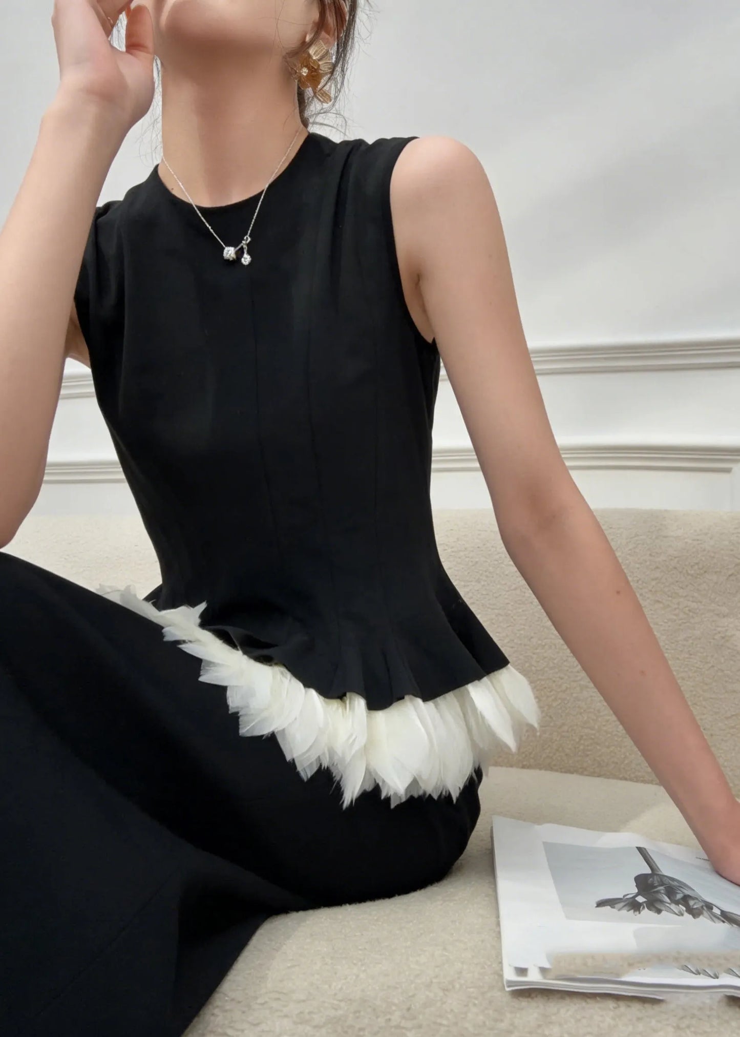 Black O-neck Patchwork Top and Maxi Skirts Two Pieces Set Summer