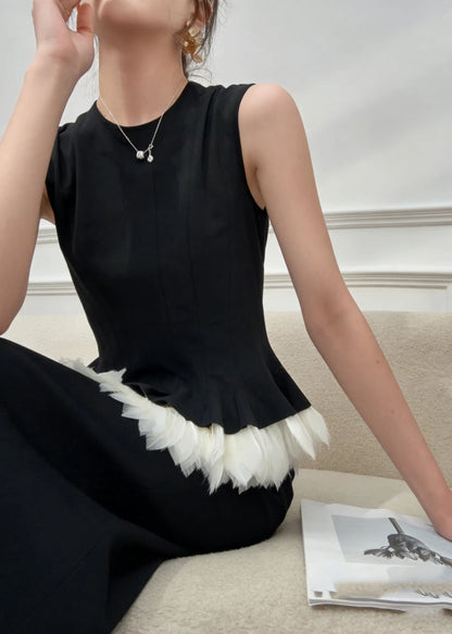 Black O-neck Patchwork Top and Maxi Skirts Two Pieces Set Summer