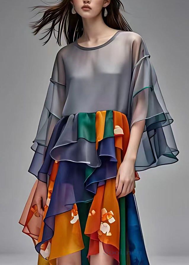 Style Grey O-neck Patchwork Chiffon Maxi Dress Half Sleeve