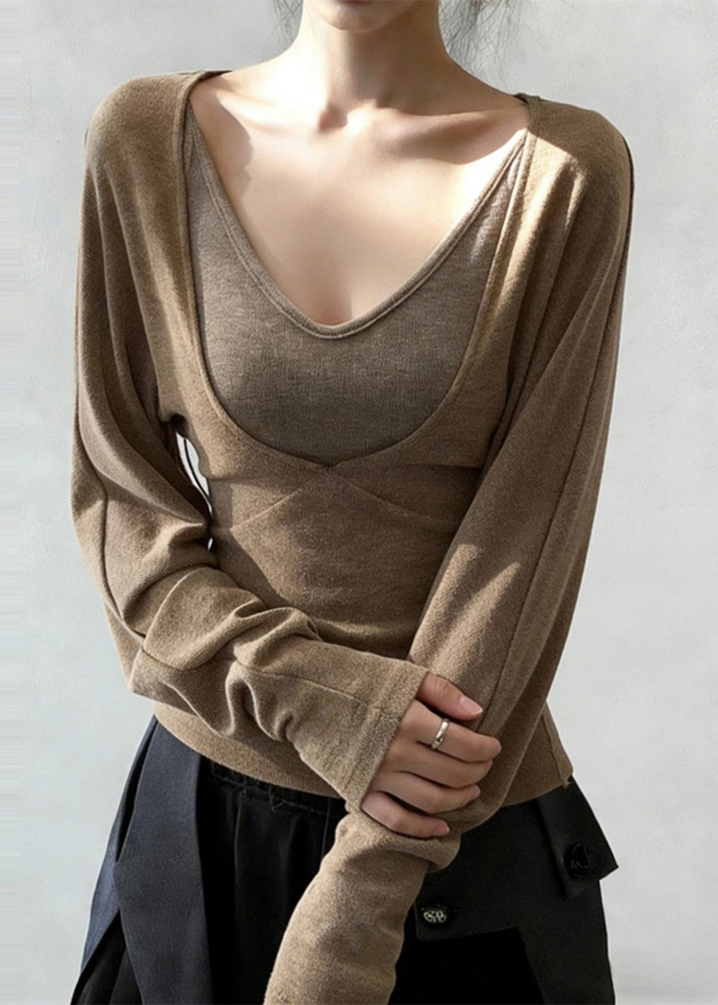 Khaki V Neck Patchwork Cotton Shirt Tops Spring