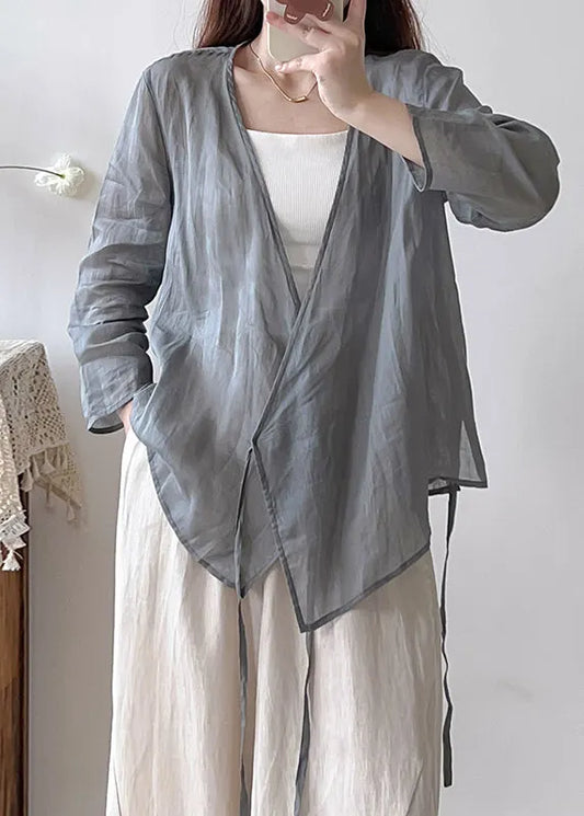 Grey Oversized Lace Up Linen Shirts Fall