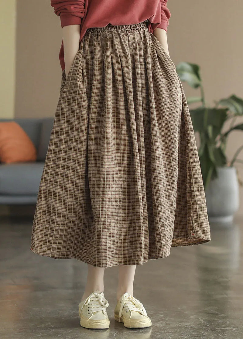 Khaki Elastic Waist Pockets Plaid Cotton a Line Skirts Spring