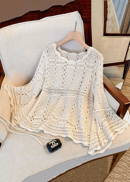 French Beige Hollow Out Cozy Knit Top Flare Sleeve